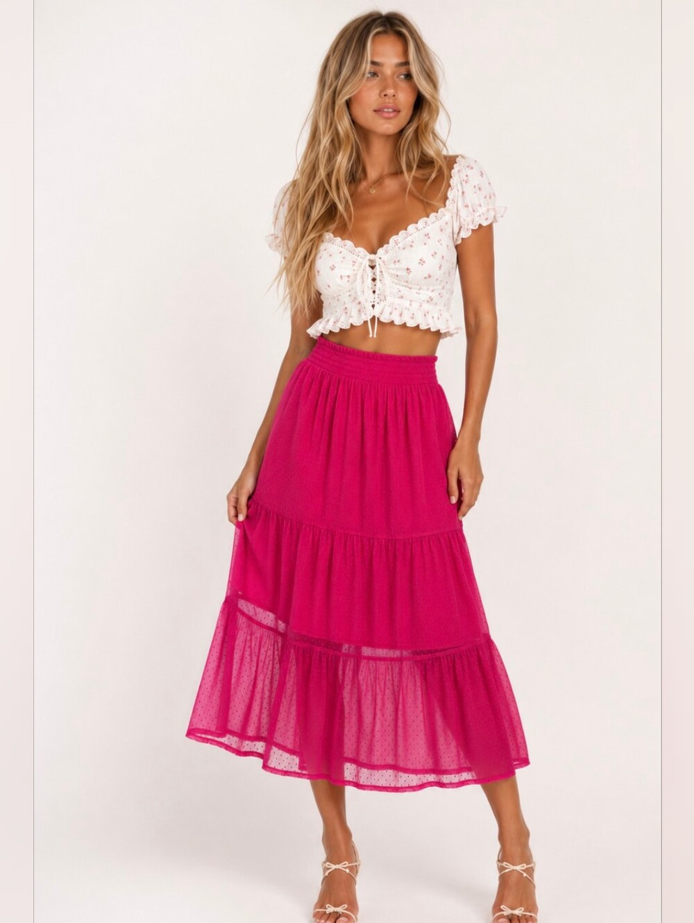 Lauren Conrad Pink Midi Skirt Stretch Boho Coquette Milkmaid Medium New